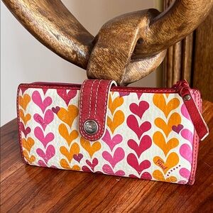 Fossil Women's Red and Pink Heart Wallet with several cc slots and pockets